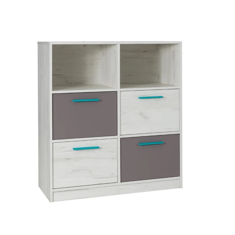 Komoda se šuplíky a poličkami DEANY - dub kraft / popelavá / tyrkysová