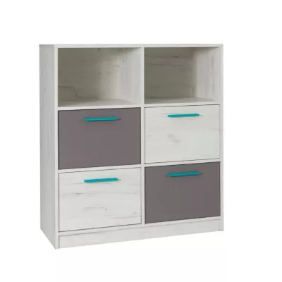 Komoda se šuplíky a poličkami DEANY - dub kraft / popelavá / tyrkysová