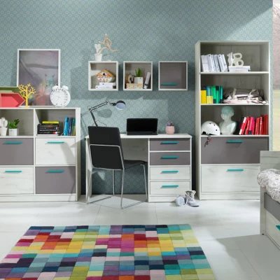 Komoda se šuplíky a poličkami DEANY - dub kraft / popelavá / tyrkysová