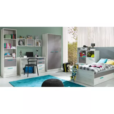 Komoda se šuplíky a poličkami DEANY - dub kraft / popelavá / tyrkysová