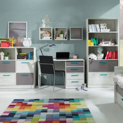 Komoda se šuplíky a poličkami DEANY - dub kraft / popelavá / tyrkysová