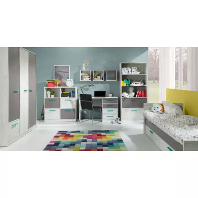 Komoda se šuplíky a poličkami DEANY - dub kraft / popelavá / tyrkysová