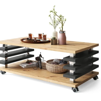 VÝPRODEJ - Konferenční stolek s lamelami BOGARD - dub artisan / černý