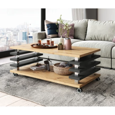 VÝPRODEJ - Konferenční stolek s lamelami BOGARD - dub artisan / černý