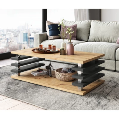 VÝPRODEJ - Konferenční stolek s lamelami BOGARD - dub artisan / černý