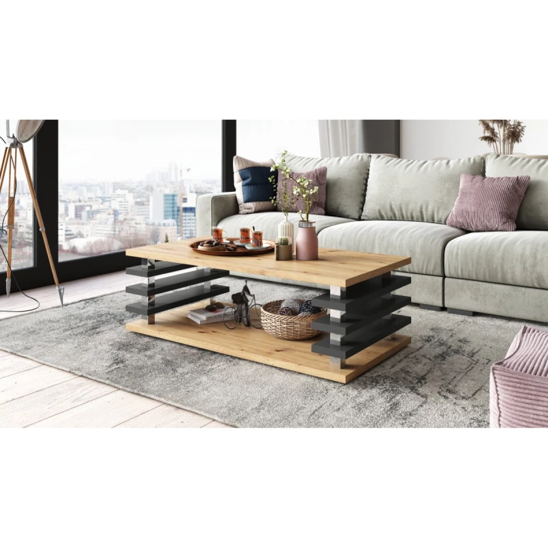 VÝPRODEJ - Konferenční stolek s lamelami BOGARD - dub artisan / černý