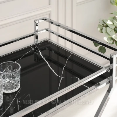 Designový servírovací stolek NIKOLAS - černý mramor / chrom