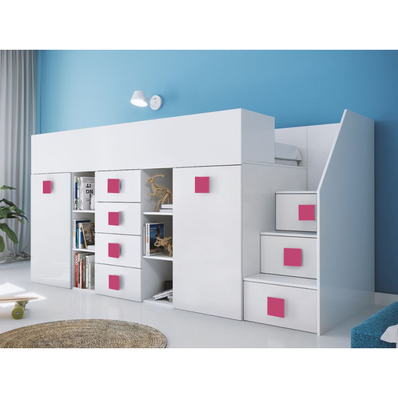 Levné Patrové postele pro děti: Dětská patrová postel s úložným prostorem a psacím stolem Willy - růžové úchyty pravá