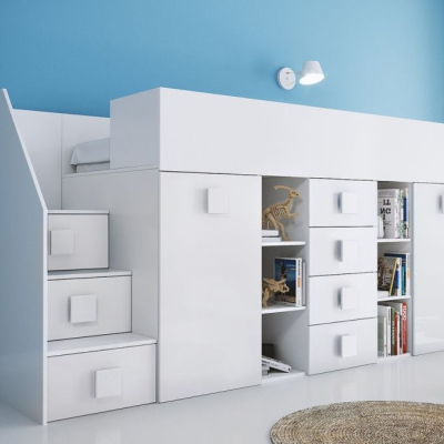 Levné Patrové postele pro děti: Dětská patrová postel s úložným prostorem a psacím stolem Willy - bílá levá