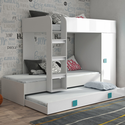 Dětská patrová postel s úložným prostorem Lena - bílá - modré úchyty