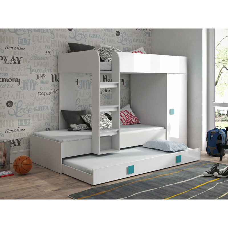 Dětská patrová postel s úložným prostorem Lena - bílá - modré úchyty