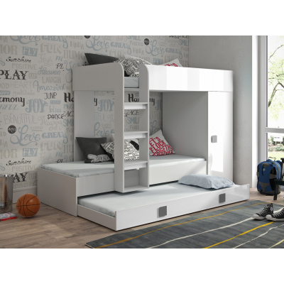 Dětská patrová postel s úložným prostorem Lena - bílá - šedé úchyty