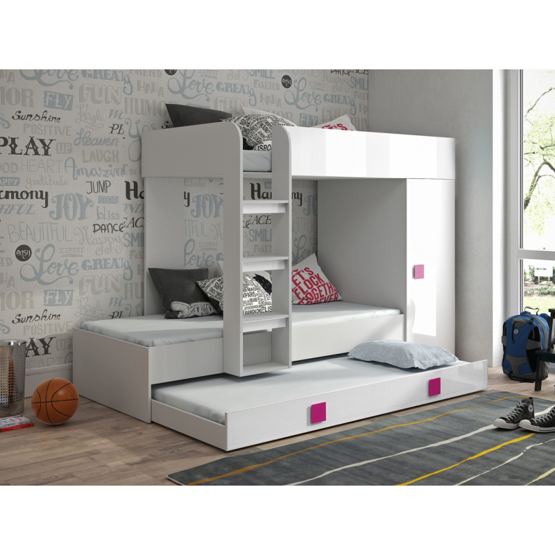 Levné Patrové postele pro děti: Dětská patrová postel s úložným prostorem Lena - bílá - růžové úchyty