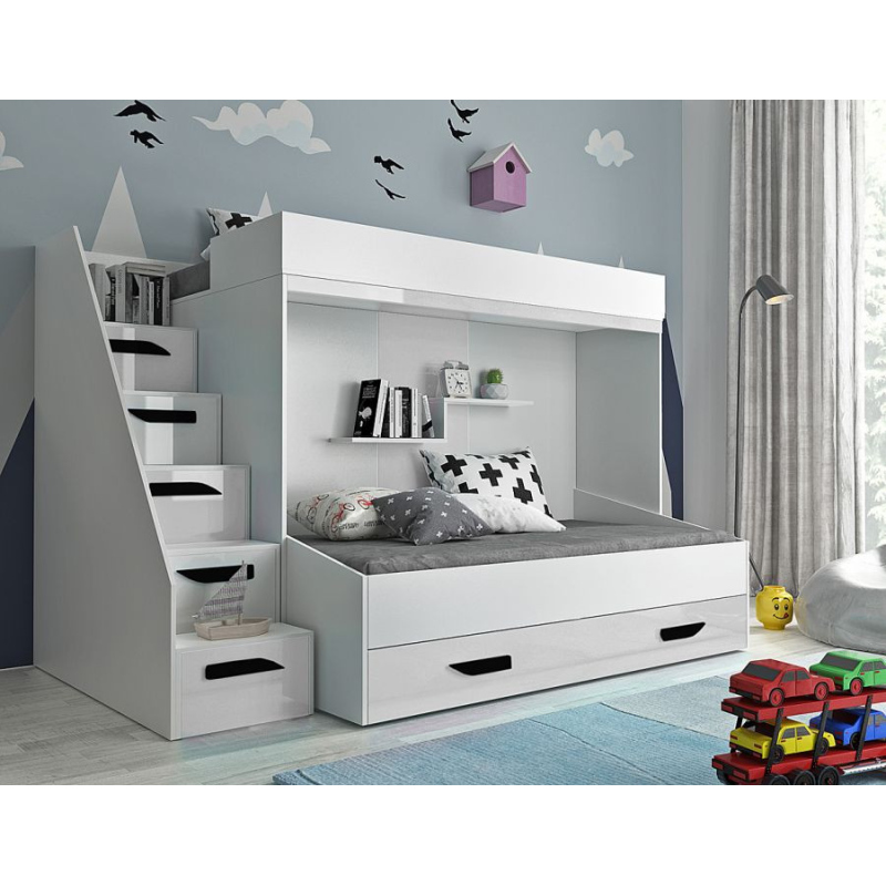 Levné Patrové postele pro děti: Dětská patrová postel s úložným prostorem Derry - bílá/černé úchyty