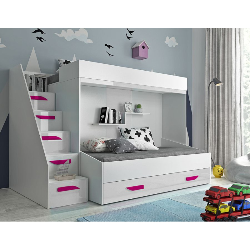 Levné Patrové postele pro děti: Dětská patrová postel s úložným prostorem Derry - bílá/růžové úchyty