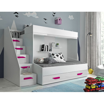 Dětská patrová postel s úložným prostorem Derry - bílá/růžové úchyty