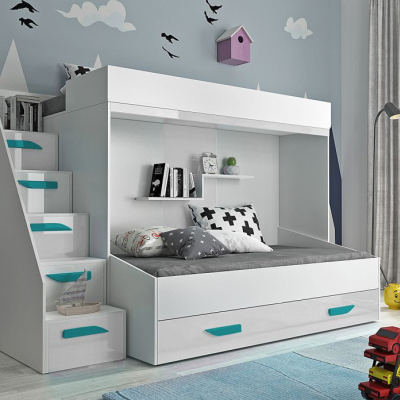 Dětská patrová postel s úložným prostorem Derry - bílá/tyrkysové úchyty