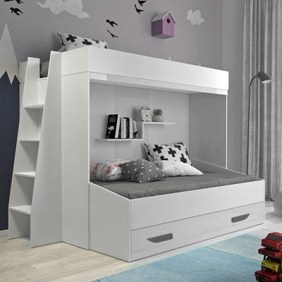 Levné Patrové postele pro děti: Patrová postel s úložným prostorem Lada - bílá/šedé úchyty
