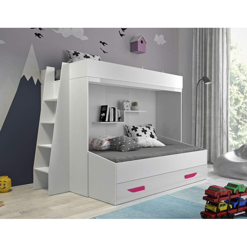 Patrová postel s úložným prostorem Lada - bílá/růžové úchyty