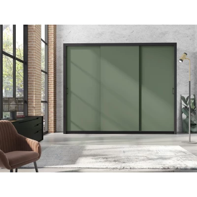 Šatní skříň 255 cm s posuvnými dveřmi HAYWARD - zelená / černé úchyty