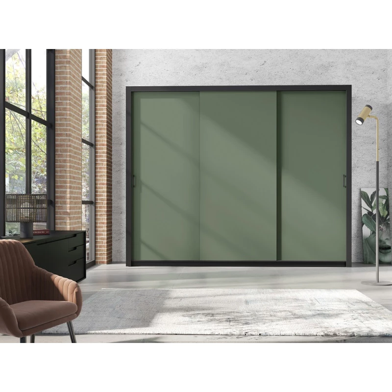 Šatní skříň 255 cm s posuvnými dveřmi HAYWARD - zelená / černé úchyty