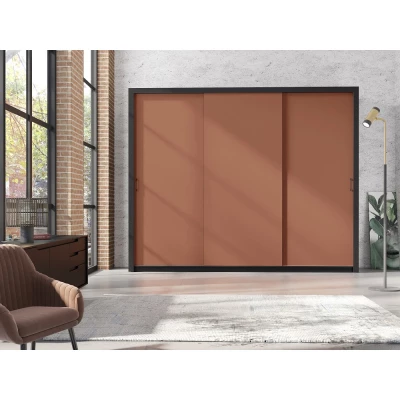 Šatní skříň 255 cm s posuvnými dveřmi HAYWARD - červenohnědá / černé úchyty