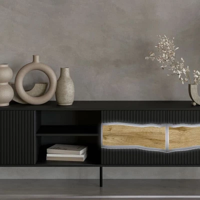 Televizní široký stolek CLANTON - dub wotan / černý