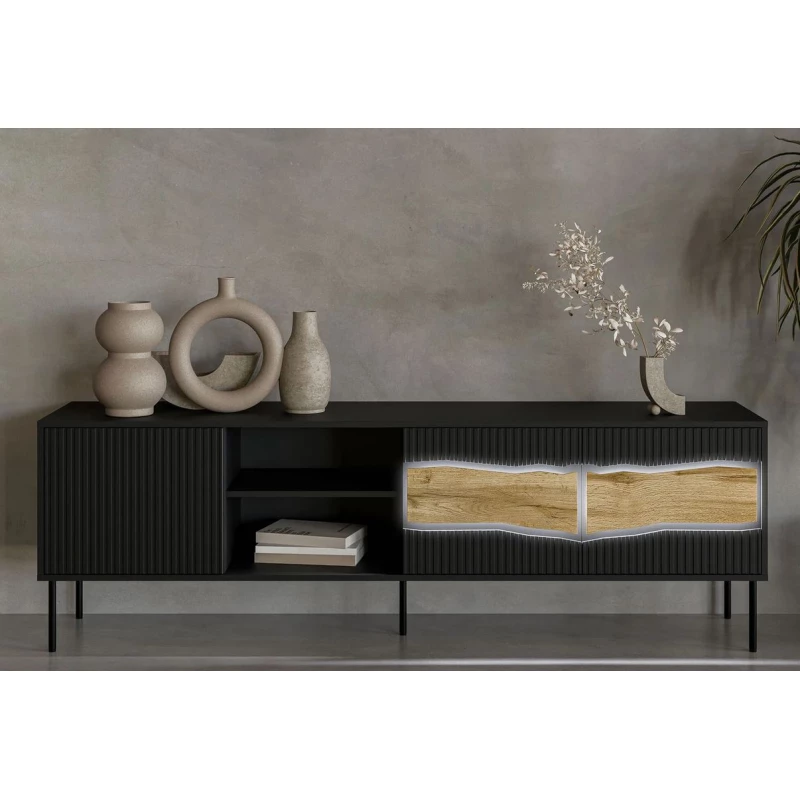 Televizní široký stolek CLANTON - dub wotan / černý