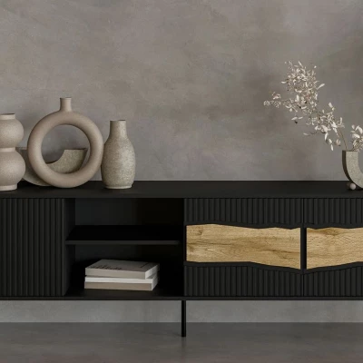 Televizní široký stolek CLANTON - dub wotan / černý