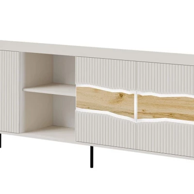 Široká komoda s dvířky a poličkami CLANTON - dub wotan / kašmír