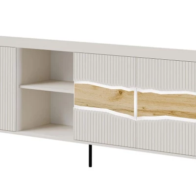 Široká komoda s dvířky a poličkami CLANTON - dub wotan / kašmír