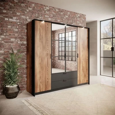 Šatní skříň se zrcadlem 220 cm CALERA - kaštan / antracitová