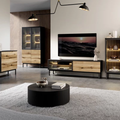 Vysoká vitrína DEMOPOLIS - dub evoke / černá + LED osvětlení ZDARMA