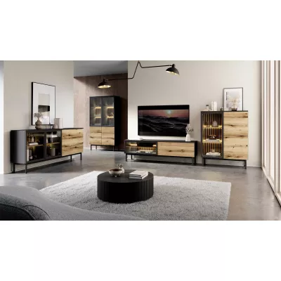 Vysoká vitrína DEMOPOLIS - dub evoke / černá + LED osvětlení ZDARMA