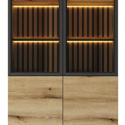 Vysoká vitrína DEMOPOLIS - dub evoke / černá + LED osvětlení ZDARMA