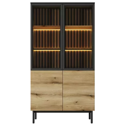 Vysoká vitrína DEMOPOLIS - dub evoke / černá + LED osvětlení ZDARMA