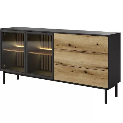 Prosklená komoda 180 cm DEMOPOLIS - dub evoke / černá + LED osvětlení ZDARMA