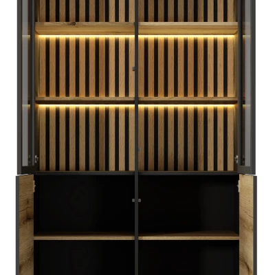 Vysoká vitrína DEMOPOLIS - dub evoke / černá + LED osvětlení ZDARMA