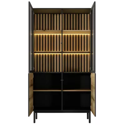 Vysoká vitrína DEMOPOLIS - dub evoke / černá + LED osvětlení ZDARMA