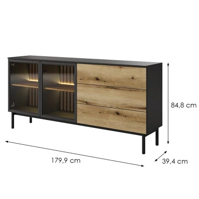 Prosklená komoda 180 cm DEMOPOLIS - dub evoke / černá + LED osvětlení ZDARMA