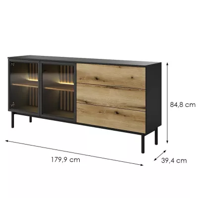 Prosklená komoda 180 cm DEMOPOLIS - dub evoke / černá + LED osvětlení ZDARMA