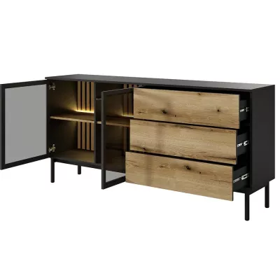 Prosklená komoda 180 cm DEMOPOLIS - dub evoke / černá + LED osvětlení ZDARMA