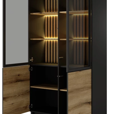 Vysoká vitrína DEMOPOLIS - dub evoke / černá + LED osvětlení ZDARMA