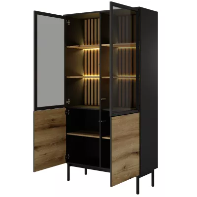 Vysoká vitrína DEMOPOLIS - dub evoke / černá + LED osvětlení ZDARMA