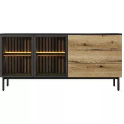 Prosklená komoda 180 cm DEMOPOLIS - dub evoke / černá + LED osvětlení ZDARMA