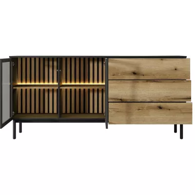 Prosklená komoda 180 cm DEMOPOLIS - dub evoke / černá + LED osvětlení ZDARMA