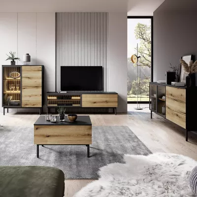 Prosklená komoda 180 cm DEMOPOLIS - dub evoke / černá + LED osvětlení ZDARMA