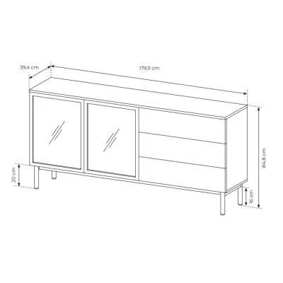 Prosklená komoda 180 cm DEMOPOLIS - dub evoke / černá + LED osvětlení ZDARMA