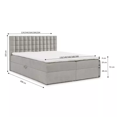 Manželská boxspringová postel 200x200 SALOMA - světle šedá + topper
