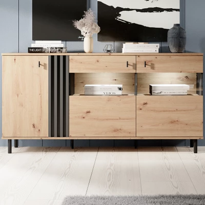 Prosklená kombinovaná komoda CHATOM - dub artisan / antracitová